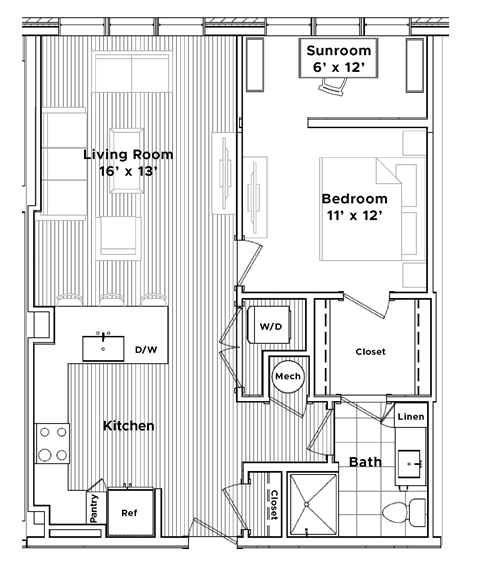 Floor plan for 1 bed, 1 bath, 778 sqft